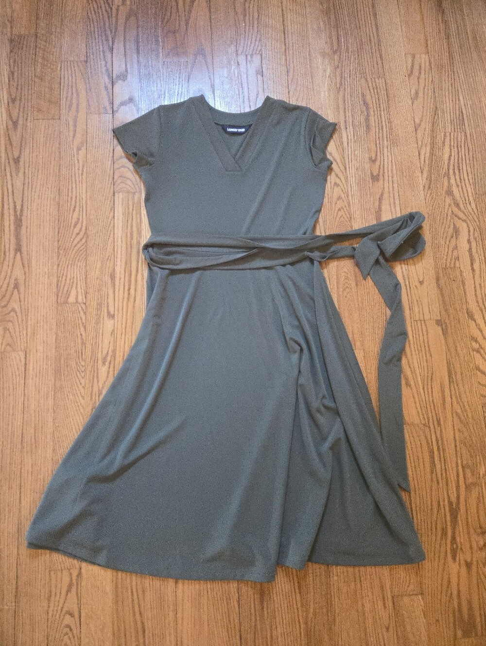 Olive Green V-Neck Short Sleeve Dress Lands End XXS
